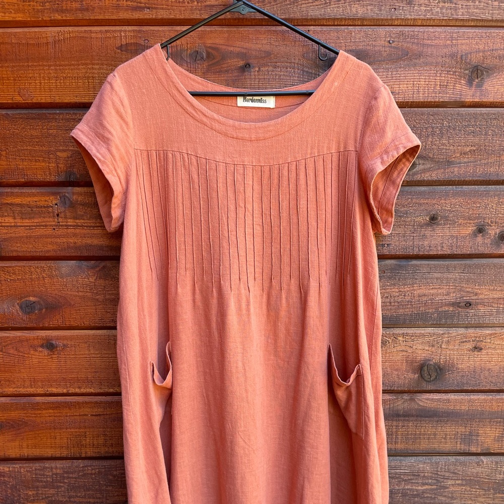 Mordenmiss Minimalist Linen Salmon Pink Lagenlook Midi Dress